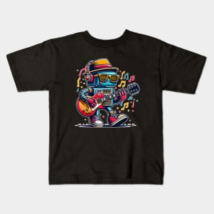 A Rockin' Blues Robot Blues Guitar Rock and Roll Robot Plays Lead Guitar with Music Notes Floating Around Kids T-Shirt